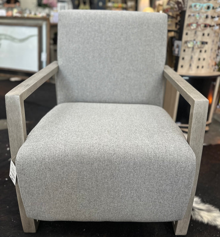 SQUARE WOOD ARM GREY ACCENT CHAIR