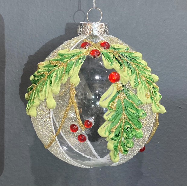 GLASS BALL ORNAMENT WITH 3D HOLLY PATTERN