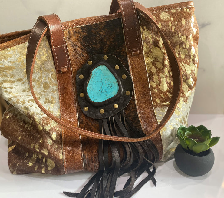 LARGE COWHIDE AND LEATHER TOTE WITH TURQUOISE AND FRINGE