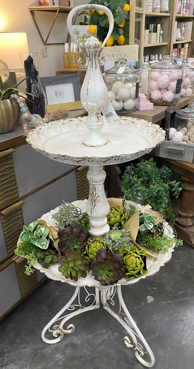 DISTRESSED IVORY 2-TIER PLANT STAND