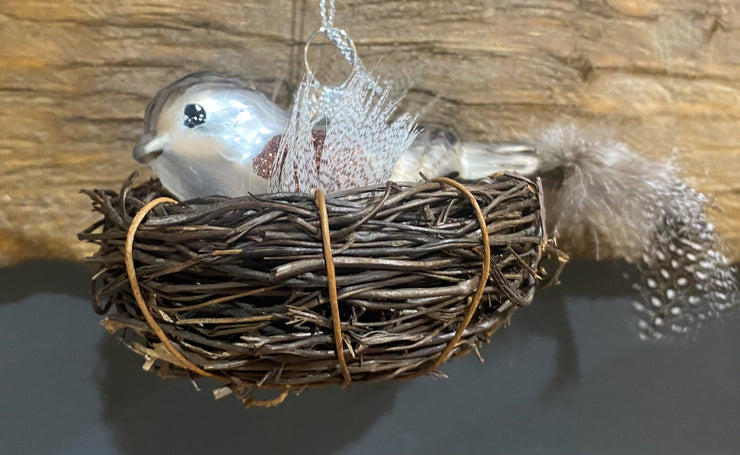 3.5" MERCURY GLASS AND FEATHER BIRD ORNAMENT