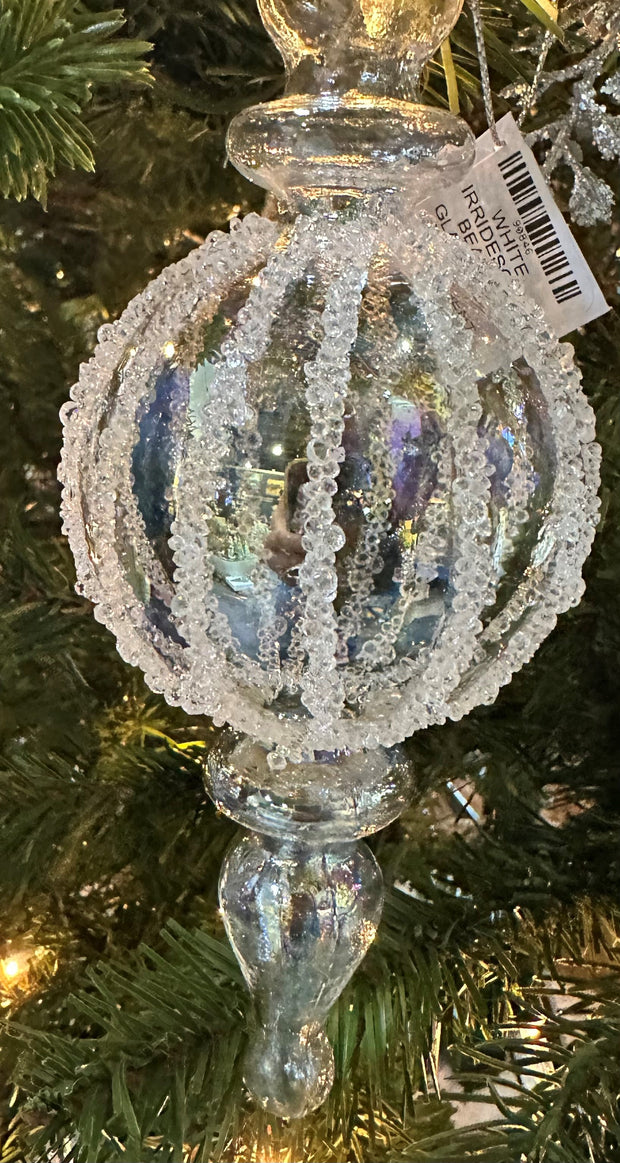 WHITE IRRIDESCENT BEADED GLASS DROP ORNAMENT