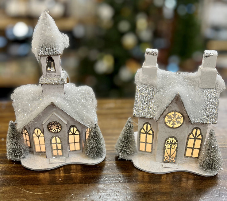 SILVER PAPER HOUSE/CHURCH LED ORNAMENT