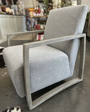 SQUARE WOOD ARM GREY ACCENT CHAIR