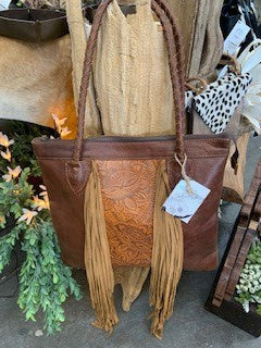LARGE TOOLED LEATHER TOTE WITH FRINGE