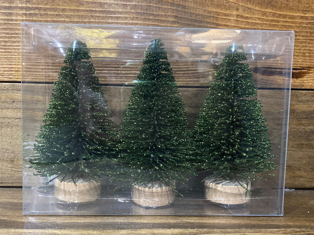 SET OF 3 MINI BRISTLE GREEN GLITTER TREES