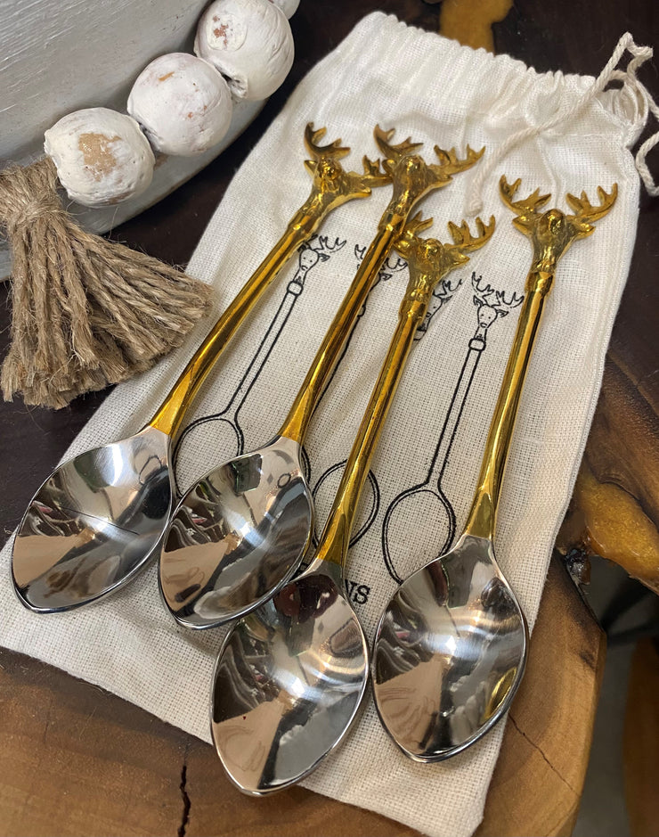 SETOF 4 STAINLESS AND BRASS MOOSE SPOONS